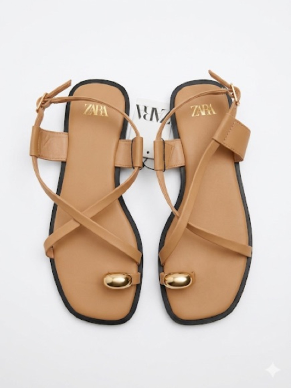 ZARA Tan Strappy Sandals with Gold Toe Accent
